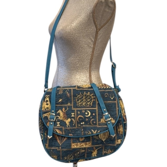 Motif Handbags - Motif Turkish Blue Tapestry & Vegan Leather Satchel Crossbody Bag